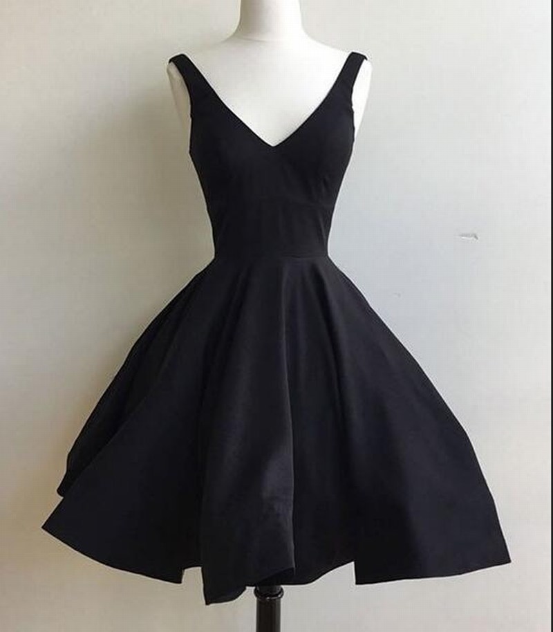V Neck A Line Sexy Black Tulle Wedding Dress Evening Dress Knee Length Prom Dress 83