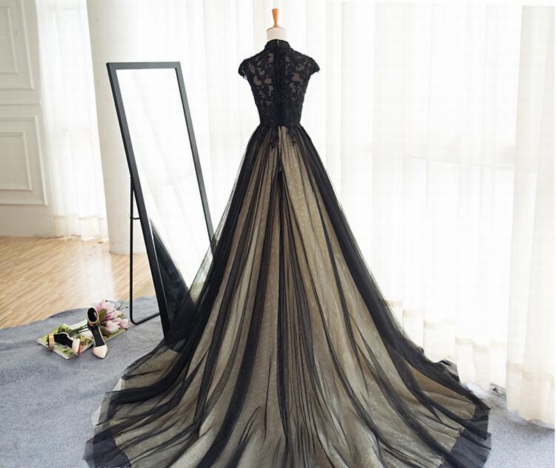 Cap Shoulder A Line Sexy Black Lace Applique Wedding Dress Evening Dress Full Length Prom Dress 89