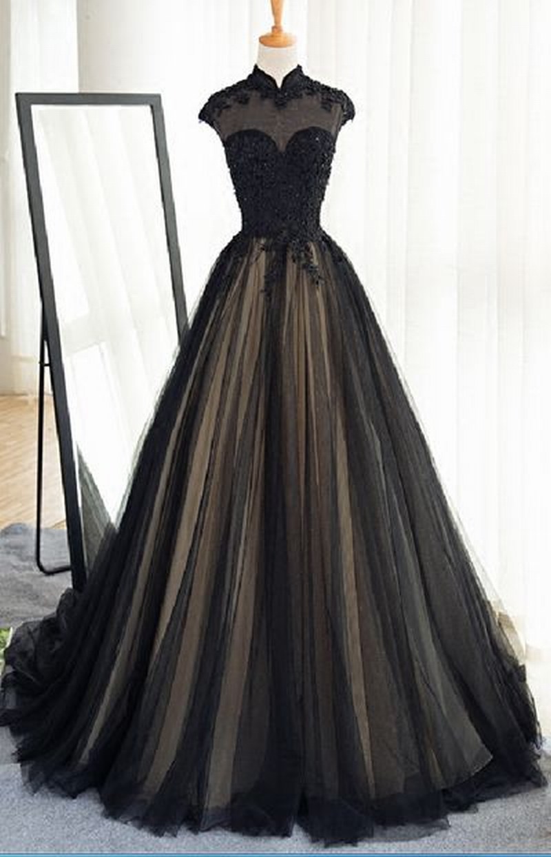 Cap SHoulder A Line Sexy Black Lace Applique Wedding Dress Evening ...