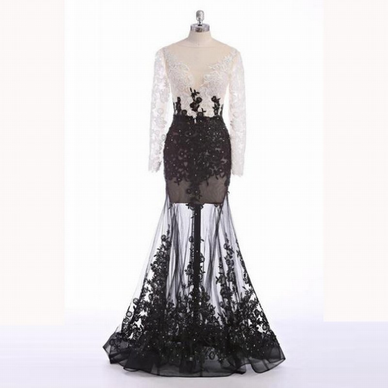 Sheer Long Sleeve White Black A Line Sexy Black Tulle Wedding Dress Evening Dress Full Length Prom Dress 92