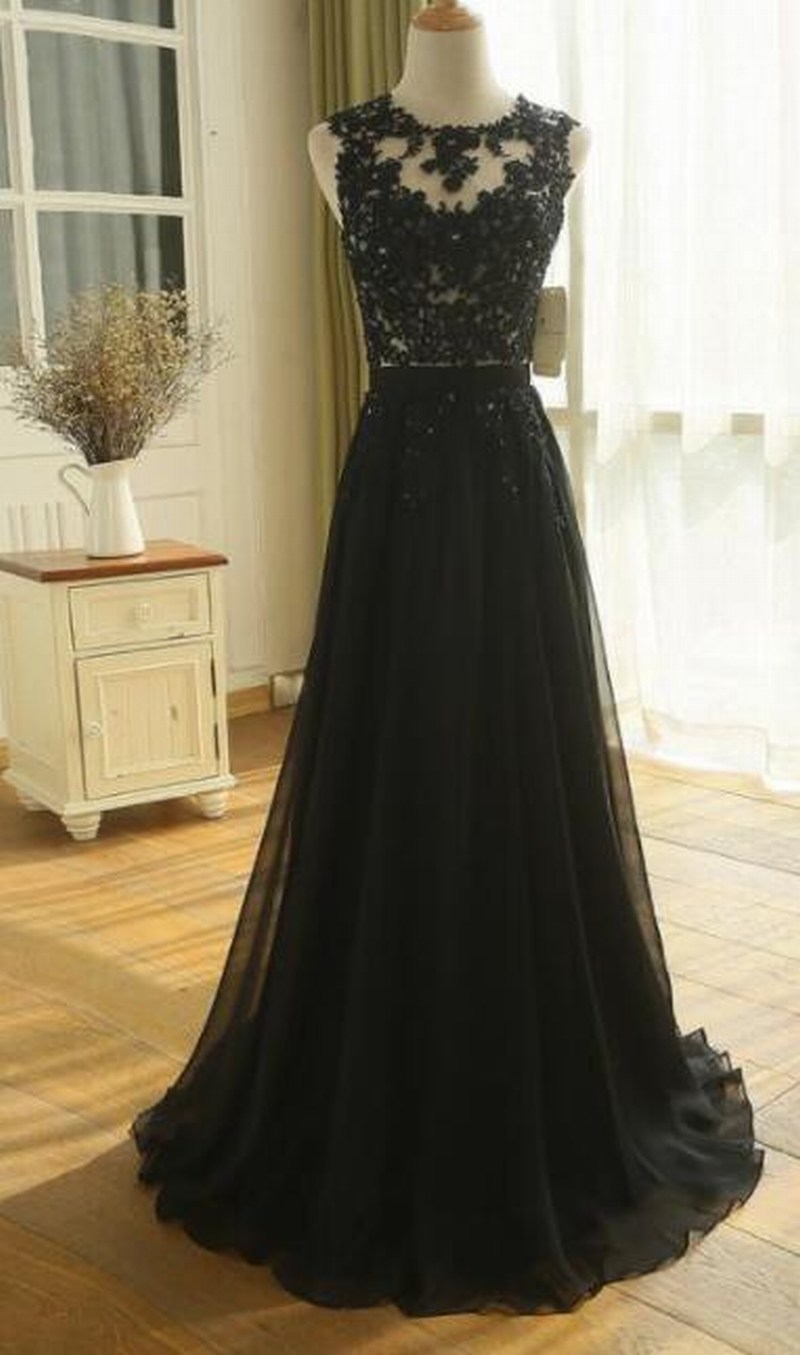 Cap Shoulder A Line Sexy Black Lace Applique Wedding Dress Evening Dress Full Length Prom Dress 95