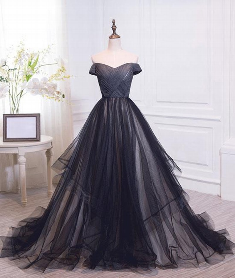 Cap Shoulder A Line Sexy Black Tulle Wedding Dress Evening Dress Full Length Prom Dress 97
