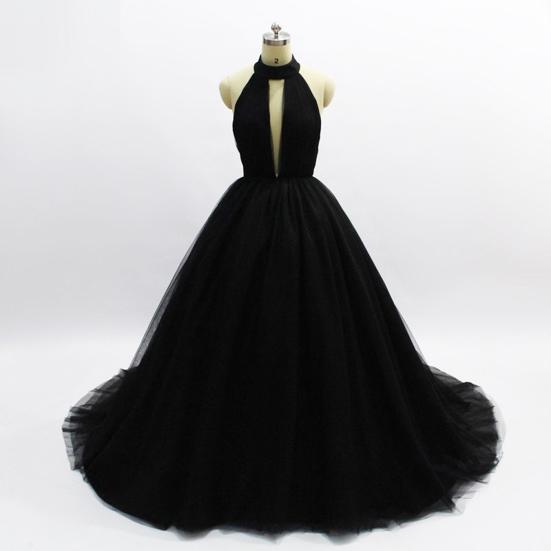 Halter A Line Sexy Black Wedding Dress Evening Dress Full Length Prom Dress 99