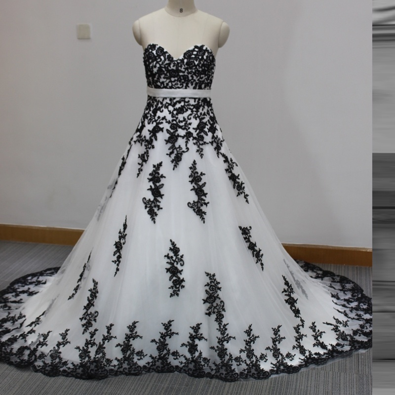 Long Formal Applique Prom Evening Gown White And Black Wedding Dress Ball Gown Sweetheart Lace Up Back 102
