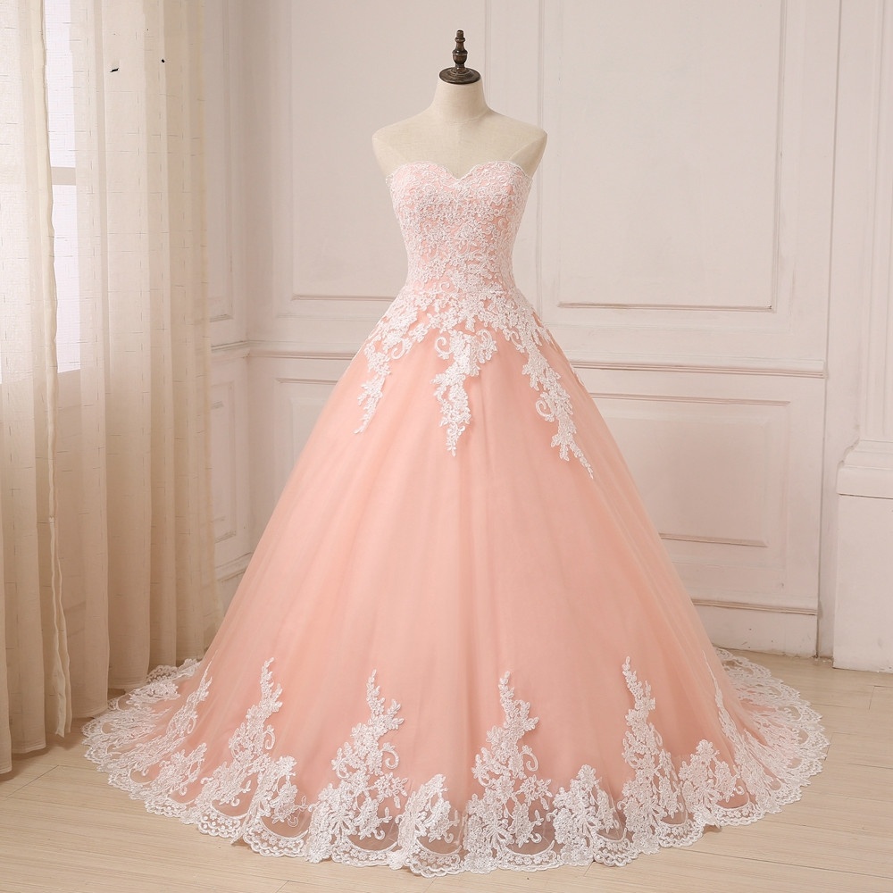 Wedding Dresses Coral Sweetheart Sleeveless Tulle Wedding Gowns Ball Gown With White Applique 104