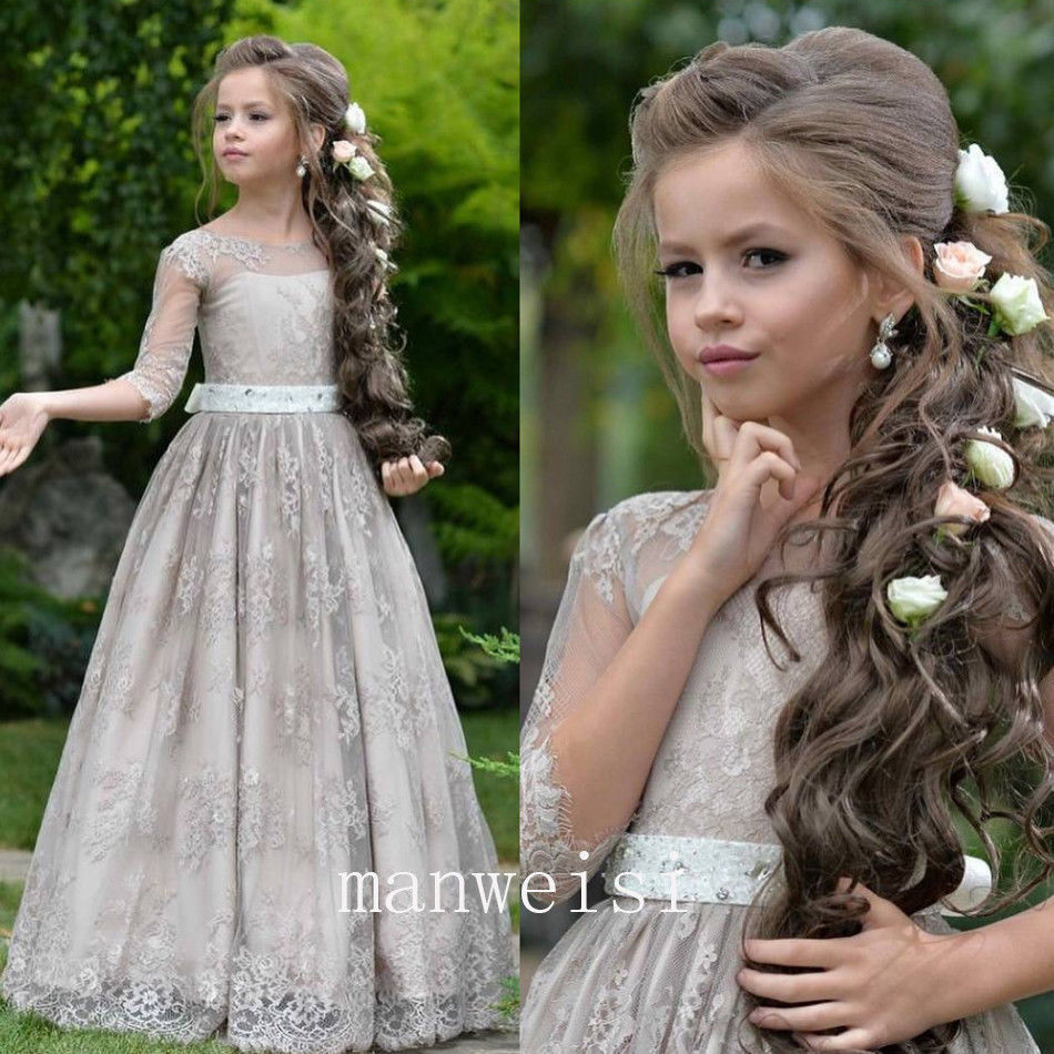 Gray Half Sleeve Kids Flower Girl Dress First Communion Dresses