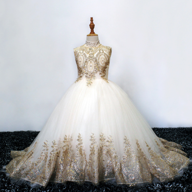Formal High Quality Golden Lace Applique Princess Gown Tutu Kids Ball Gown Flower Girls Dresses Party Birthday Gowns 175