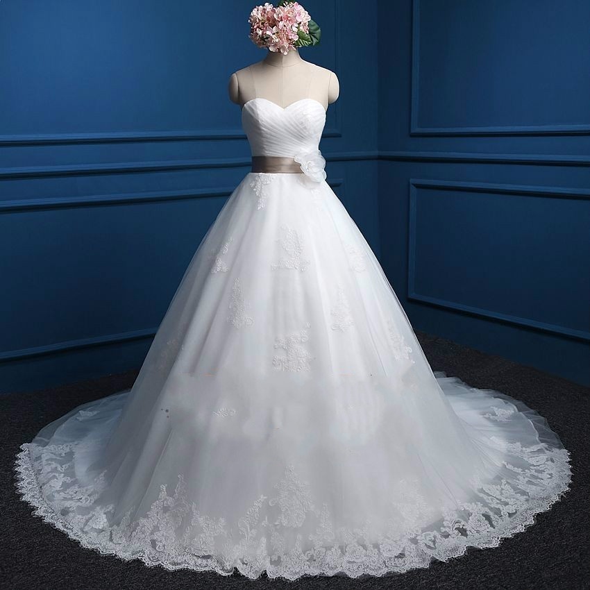 Sweetheart Lace Ball Gown With Flower Sash Tulle Lace Wedding Dress Lace Up Back Real Photos 11