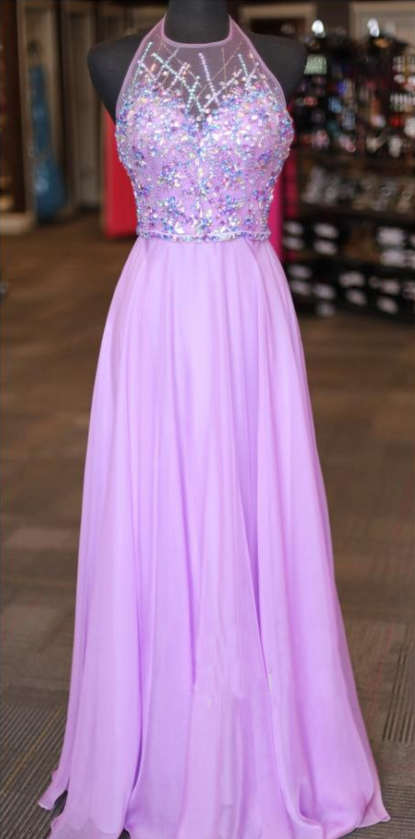 Custom Made Long Beaded A-line Lilac Chiffon Prom Party Dresses Sexy Formal Gowns Evening Pageant Dresses