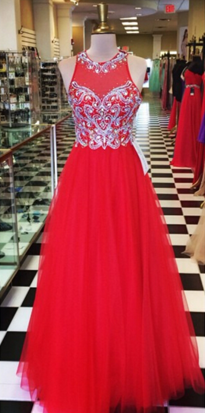 Custom Made Red Tulle Prom Dresses,long Tulle Prom Dresses,a-line Tulle Prom Dresses,beaded Prom Dresses,see Through Formal Gowns,long Beaded