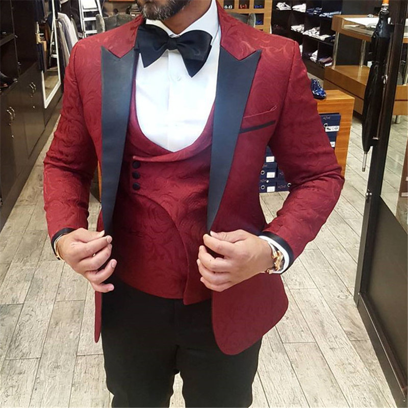 2019 Three Pieces Burgundy Wedding Mens Suits For Groom Tuxedo Slim Fit Custom Suits Jacket Vest Black Pants