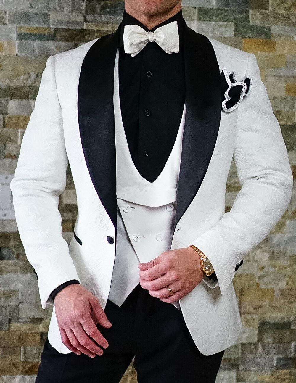 White Floral Men's Suits Groom Wedding Tuxedos Slim Groomsman Prom 3 ...