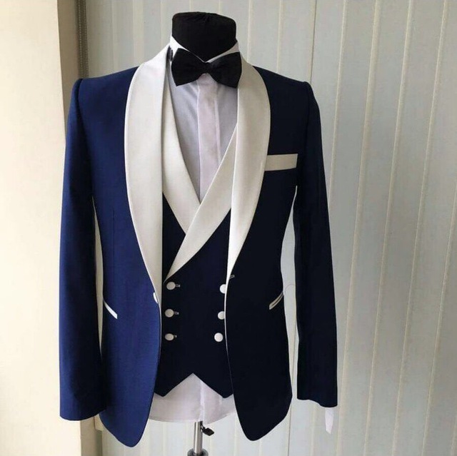 Custom Made Groomsmen Shawl White Lapel Groom Tuxedos Blue Men Suits Wedding Man Blazer (jacket+pants+vest+bow Tie )
