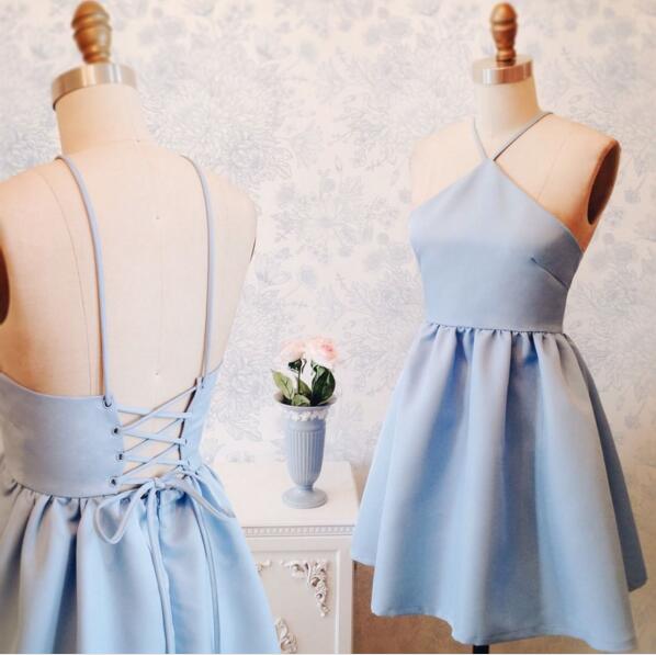 Baby Blue Short A Line Party Dress,tie Back Cute Prom Dress,homecoming Dress,halter Girl Dress