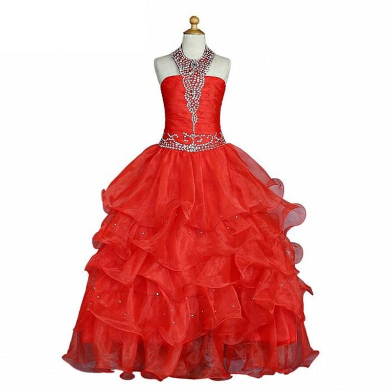 Red Girls Pageant Dresses For Weddings Ball Gown Halter Organza Tiered Beaded Flower Girl Dresses For Little Girls