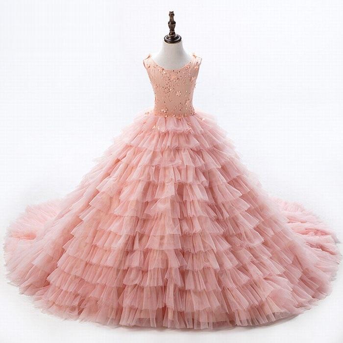 Baby Peach Pageant Dresses For Girls Glitz Flower Girl Dresses Sleeveless Ball Gowns Girls Communion Dress