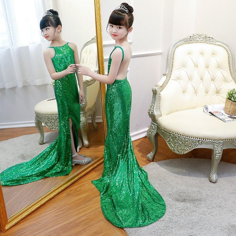2019 Shinning Sequin Girls Pageant Dresses First Hloy Communion Dresses Backless Green Flower Girl Gowns Formal Party Dress