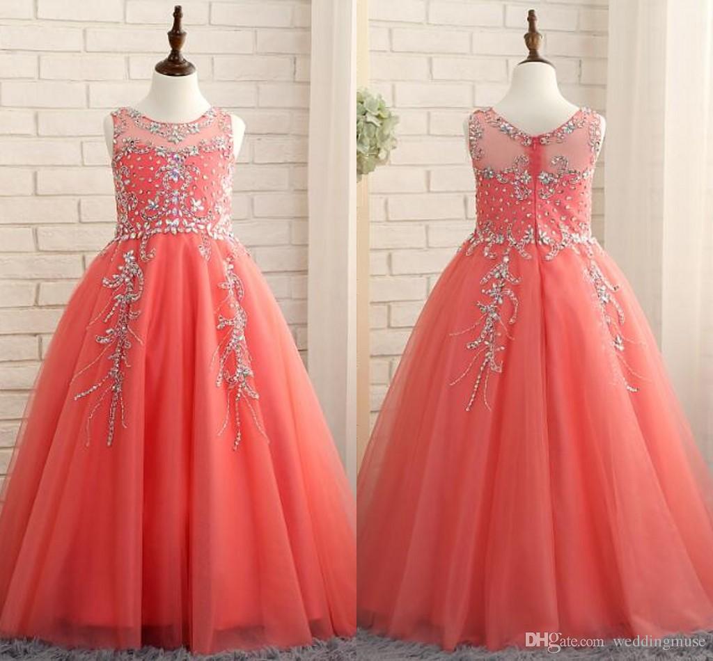 2019 Coral Girls Pageant Dresses Princess Puffy Ball Gown Tulle Jewel Crystal Beading Kids Flower Girls Dresses Birthday Gowns