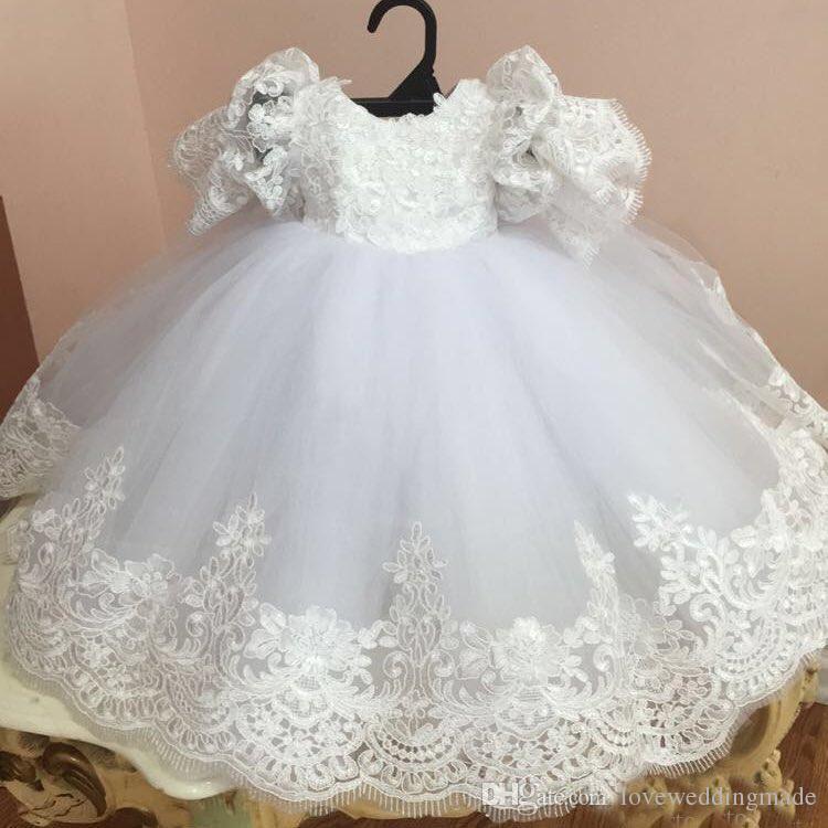 Toddler Baby Ball Gown Christening Dresses Lace Appliques Baptism Gown With Short Sleeves Tulle Kid First Communication Dress