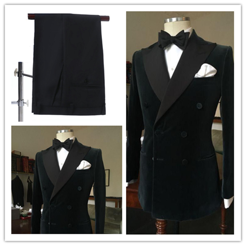 2019 Fashion Black Double Breasted Slim Groom Wedding Prom Suits For Men Custom Made Velvet Men's Tuxedo Wedding Suits