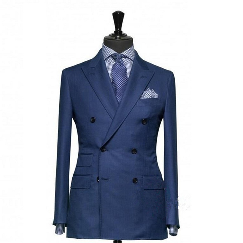 Blue Suit Groom Tuxedos Double-breasted Peaked Lapel Blazer Business Suits Groomsmen Men Wedding Suit (jacket+pants)
