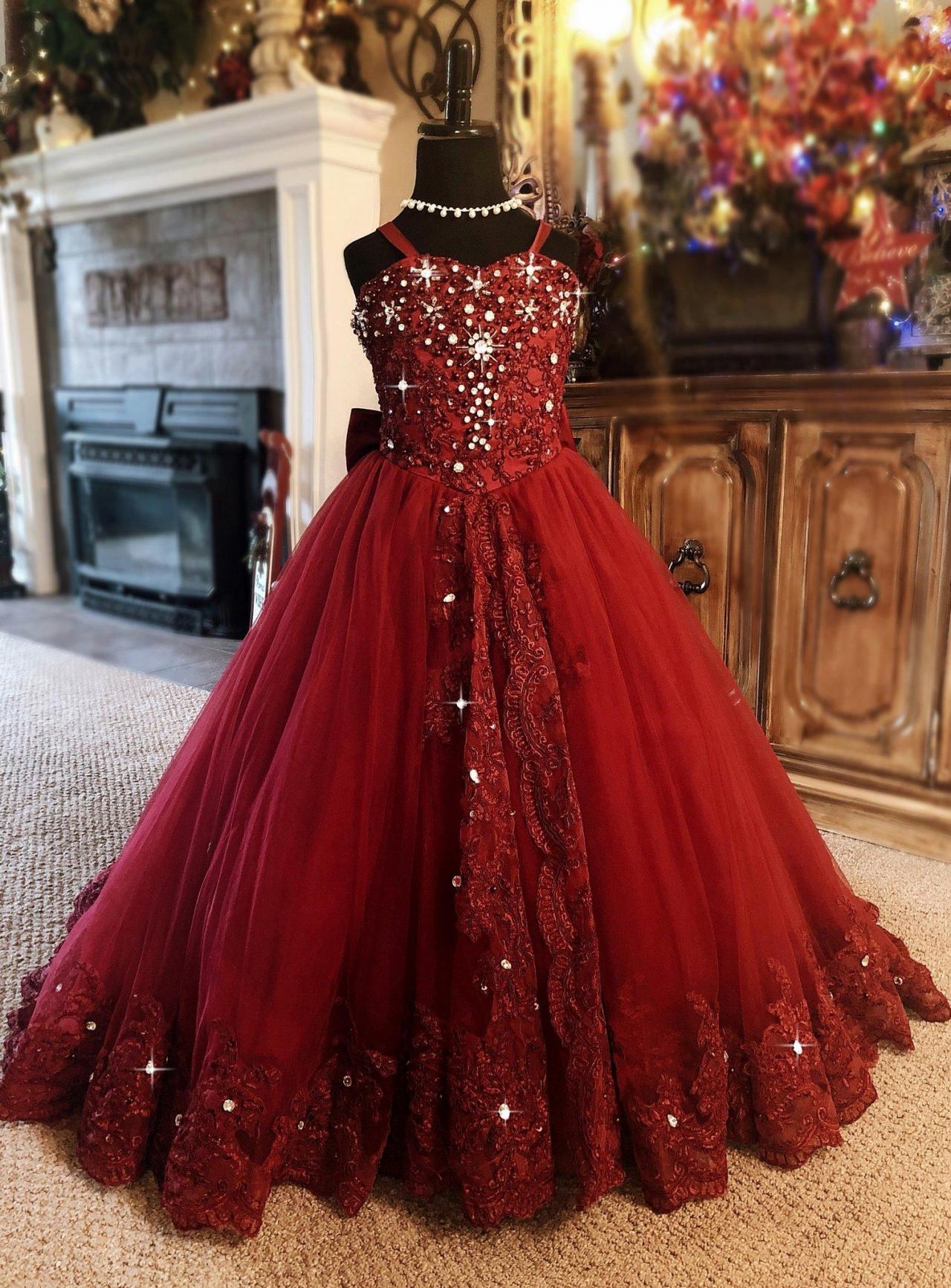 Red Ball Gown Flower Girl Dress Spaghetti Rhinestone Applique Wedding Party Tulle Lace Sleeveless Floor Length Princess Girl Dress