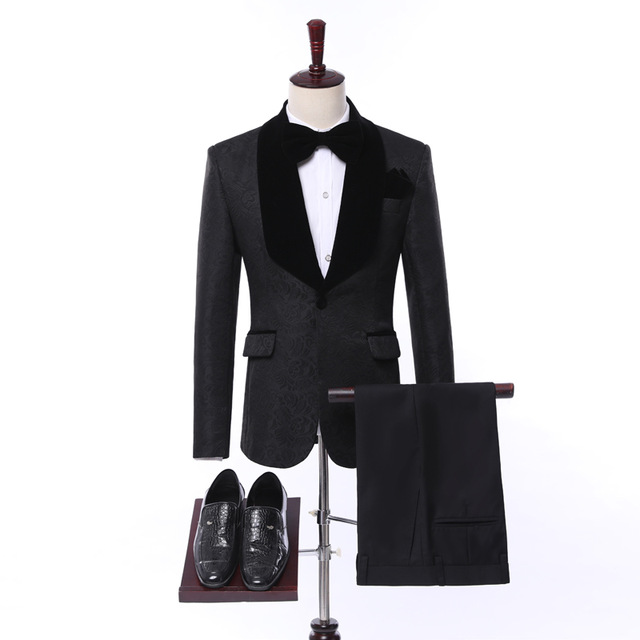 Groomsmen Black Men Suits Groom Tuxedos Shawl Velvet Lapel Men Suits Wedding Man Blazer ( Jacket+pants+vest )