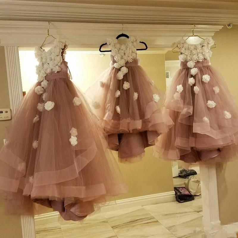 Dusty Rose Flower Girls White 3D Flora Appliques Floor Length Tulle Kid Birthday Pageant Custom Made Party Communion Dresses