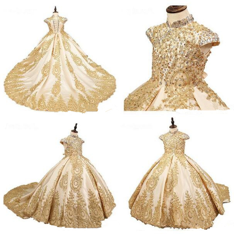 Golden Retro Flower Girl Dresses For Wedding Custom Made Pageant Dress Sleeveless And Appliques Holy Communion Dresses