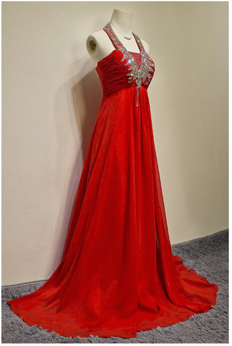 A Line Floor Length Evening Dress Prom Dress Custom Made Beading Halter Bridal Party Dress Ll8