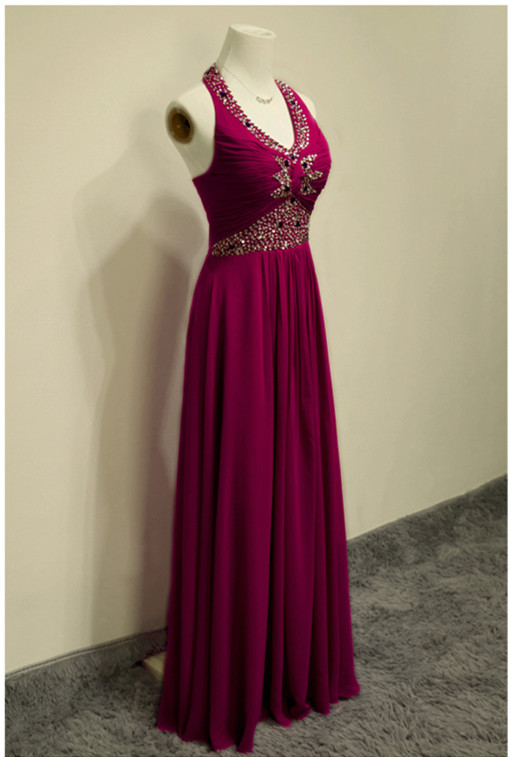 Sexy Long Floor Length Evening Dress Prom Dress Custom Made Beading Halter Bridal Party Dress Ll9