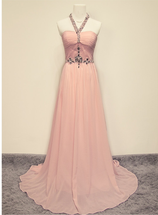 Halter Chiffon Pink Long Floor Length Evening Dress Prom Dress Custom Made Beading Bridal Party Dress Ll12