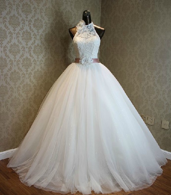 Halter Sleeveless Ruched Lace Princess Ball Wedding Gown Featuring Lace-up Back And Bow Accent