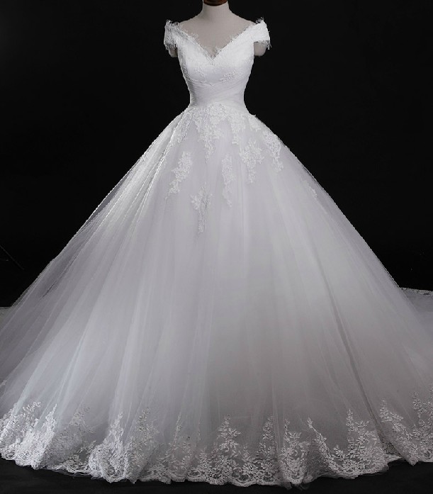 Formal Applique Cap Sleeve Long Ball Gown Lace Bridal Wedding Dresses Formal Floor Length Ll351