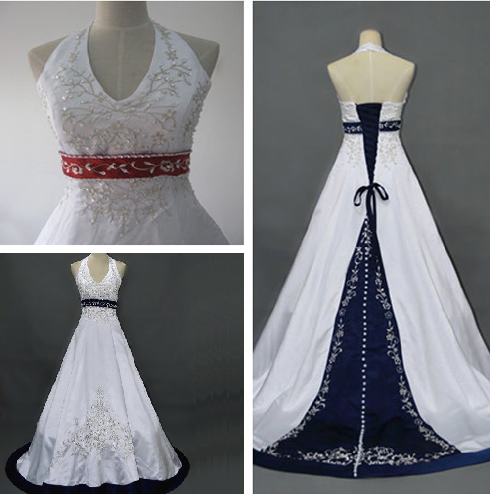 Formal Embroidery Halter Satin Long Ball Gown Bridal Wedding Dresses Formal Floor Length C25