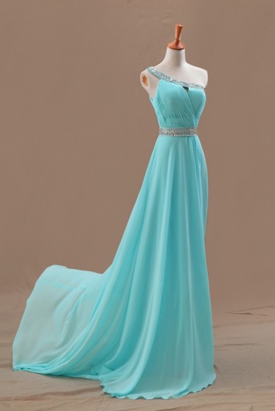 One Shoulder Chiffon Long Evening Dress Prom Dress Custom Made Sequin Bridal Party Dress C49