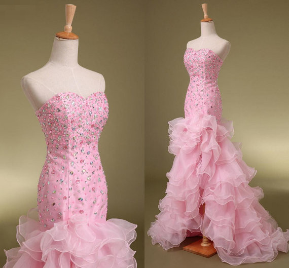 Sweetheart Crystal Hi-lo Organza Long Evening Dress Prom Dress Custom Made Bridal Party Dress W517