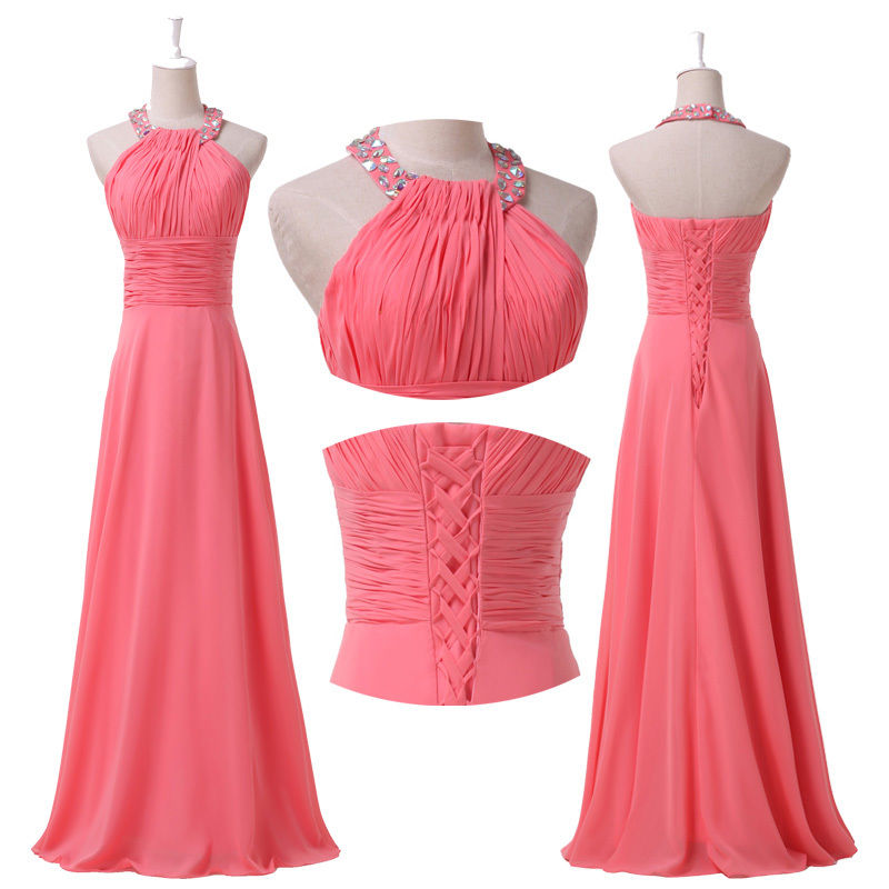 Bridesmaid Dress Halter Crystal Chiffon Beading Evening Dress Prom Dress Custom Made Bridal Party Dress Xz59