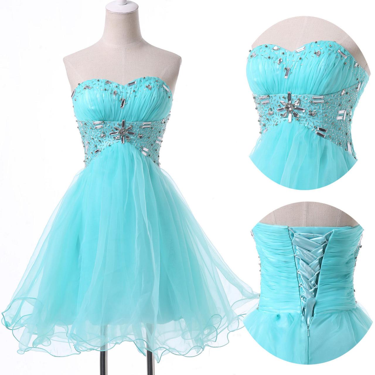 Crystal Embellished Ruched Sweetheart Short Tulle Homecoming Dress Featuring Lace-up Back