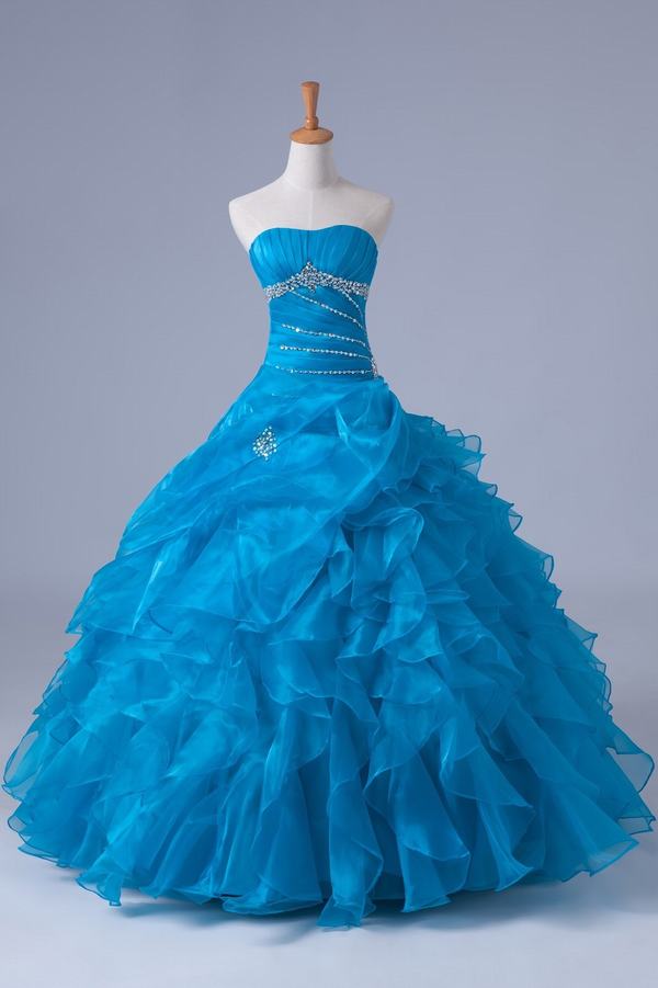Blue Quinceanera Dress Organza Beading Ruffle Ball Gown Evening Dress Prom Dress Custom Made Bridal Party Dress B01