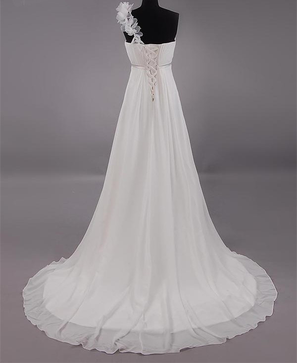 One-shoulder Ruched Floral Appliqués Chiffon A-line Wedding Dress, Evening Dress Featuring Lace-up Back And Train