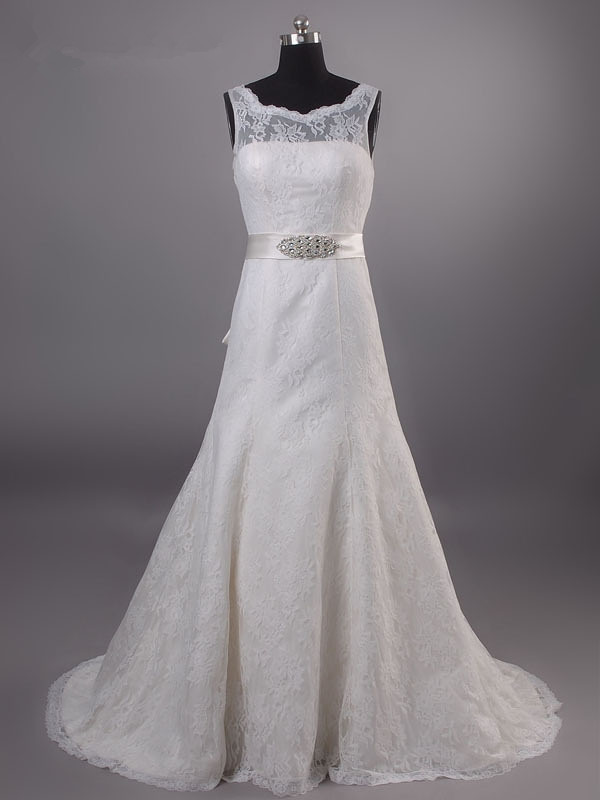 Sheer Illusion Sleeveless A-line Lace Wedding Dress Featuring Bow Accent