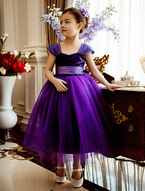 Formal Purple Flower Girl Dresses Tea Length Tulle Ball Gown Kids Wedding Party Dresses 0425-01