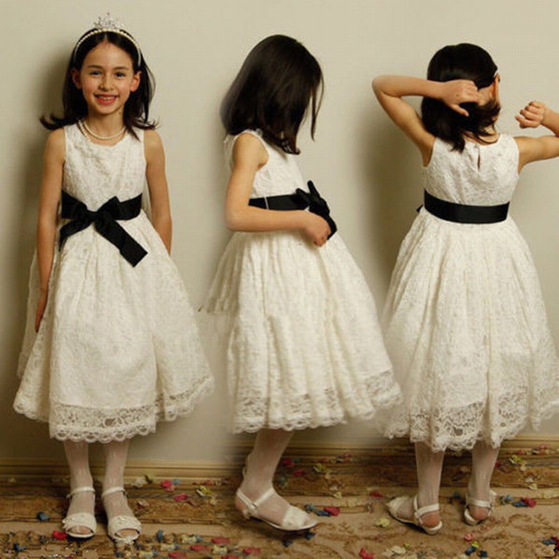 Formal Tea Length Flower Girl Dresses Lace Kids Wedding Party Dresses 0502-07