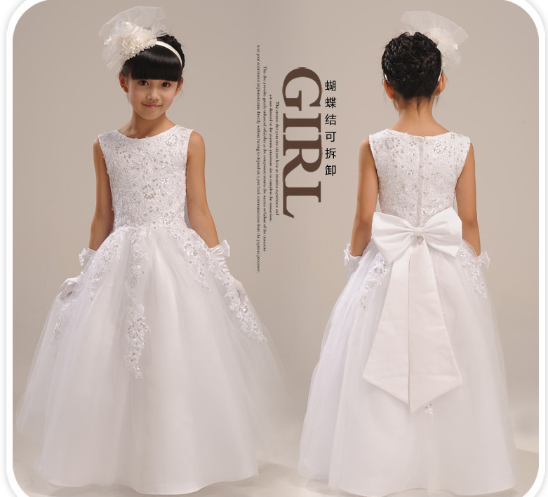 Fashion Floor Length Flower Girl Dresses Children Birthday Dress Lace Applique Beading Kids Wedding Party Dresses Wlj56