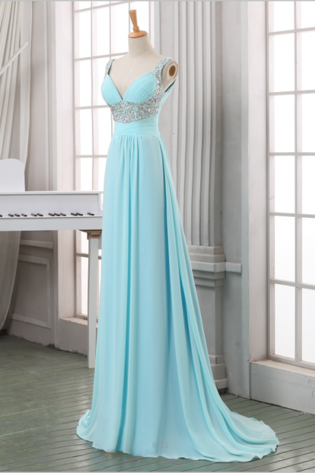 Light Blue V-neck Sleeveless Ruched Beaded Chiffon Long Prom Dress, Evening Dress Featuring Lace-Up Back