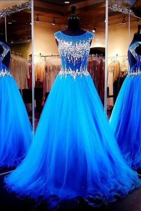 Royal Blue Crystals Luxury Prom Dresses Capped Sleeves Sheer Hollow Back A-line Pageant Dresses