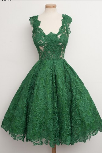 Vintage Scoop Homecoming Dress Green Lace Homecoming Dress Knee-Length Homecoming Dresses