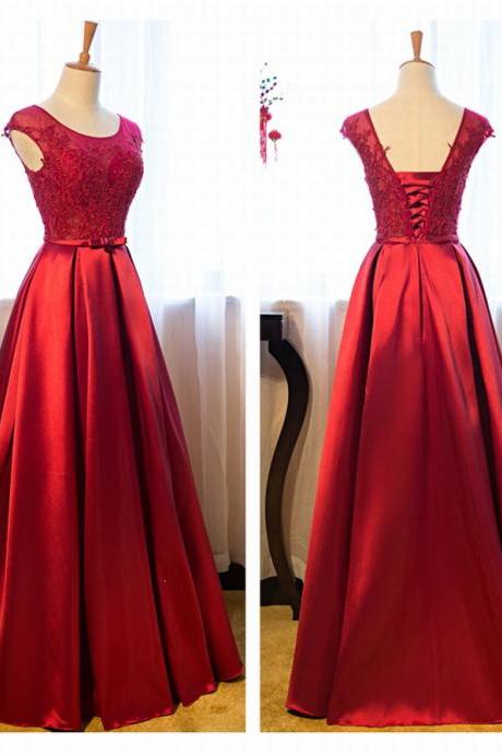 Burgundy Lace Prom Dresses A-line Satin Wedding Party Gowns