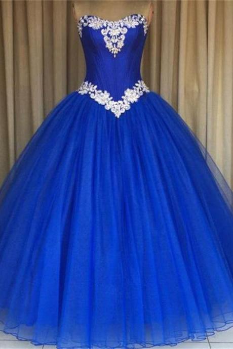 Royal Blue Prom Dress Formal Gowns Strapless Applique Tulle Ball Gown Quinceanera Dresses For Sweet Prom Party Dress